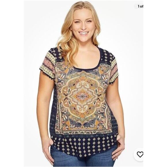 Lucky Brand Size 2X Persian Carpet Short Sleeve Scoop Neck Tee Top Navy Blue - Picture 1 of 6